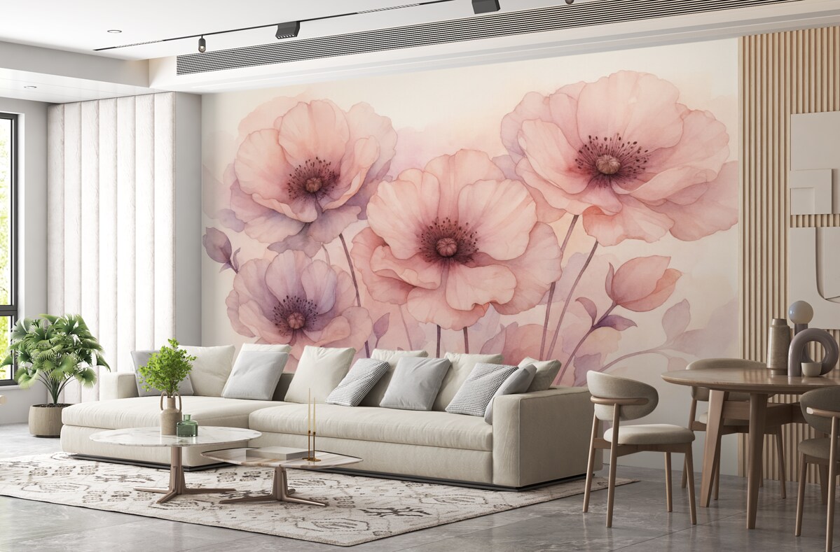 Fototapeta Wilgotna akwarela półprzezroczystych kwiatów, odcień różowo-fioletowy.