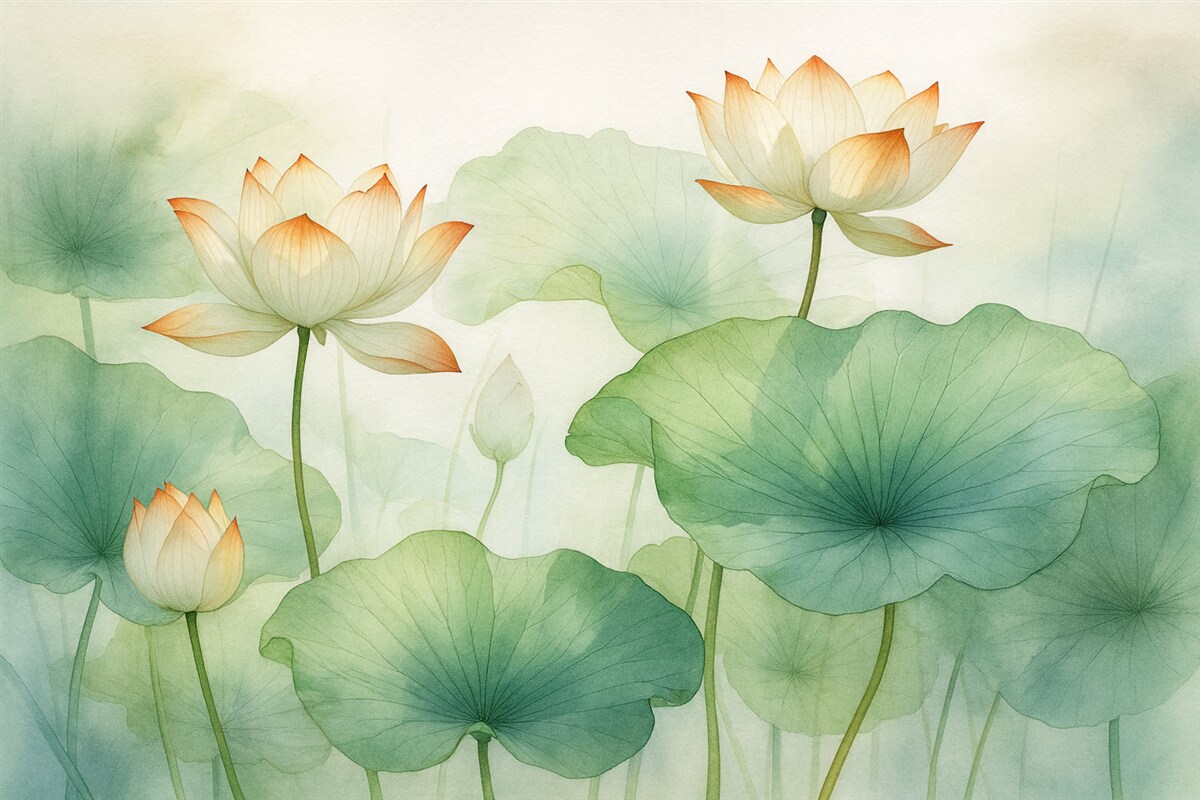 Fototapeta Liście i kwiaty lilii stawowej, lotos, wilgotna akwarela.