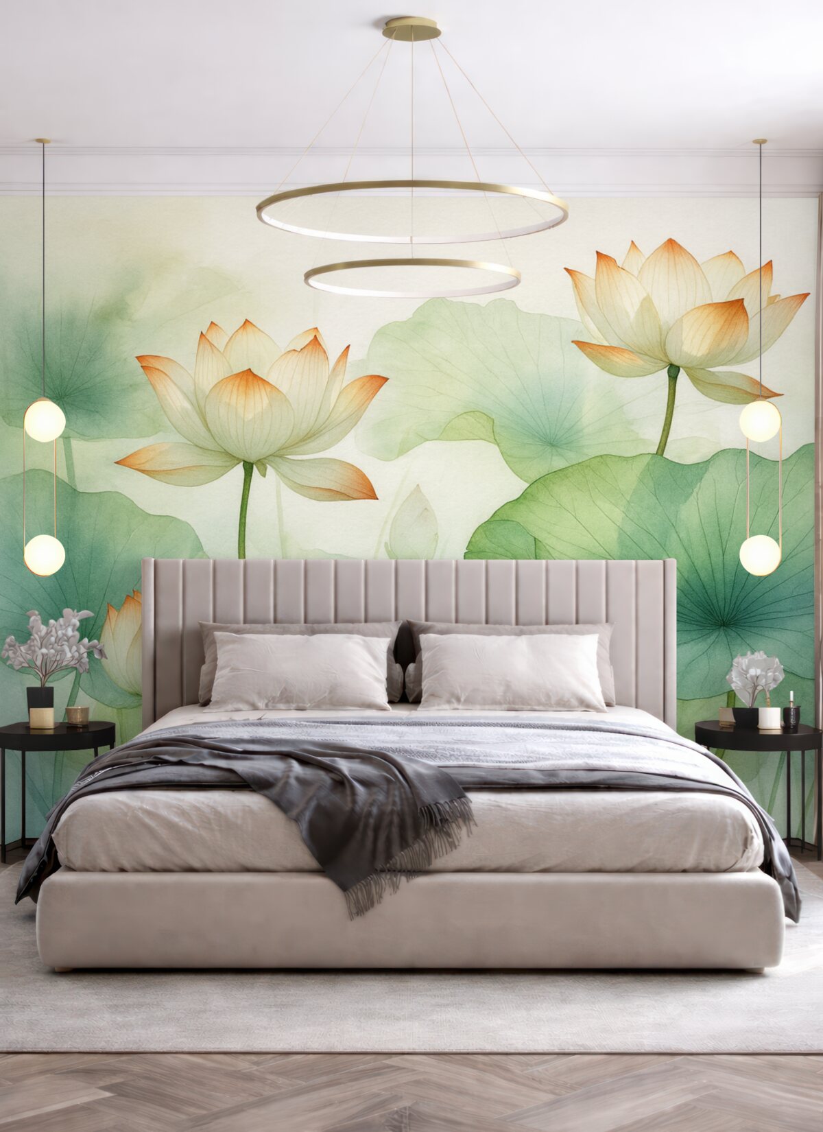 Fototapeta Liście i kwiaty lilii stawowej, lotos, wilgotna akwarela.