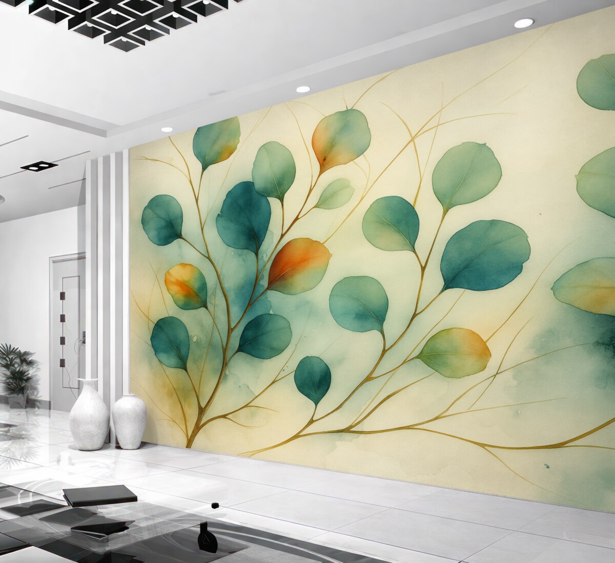 Fototapeta Abstrakcyjne konary z liśćmi rozmytymi mokrą akwarelą.