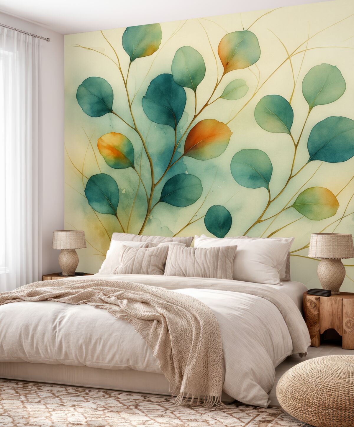 Fototapeta Abstrakcyjne konary z liśćmi rozmytymi mokrą akwarelą.