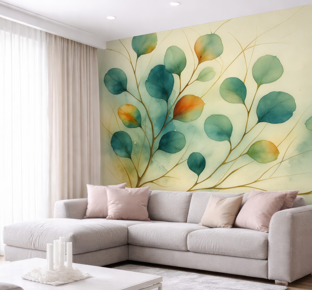 Fototapeta Abstrakcyjne konary z liśćmi rozmytymi mokrą akwarelą.