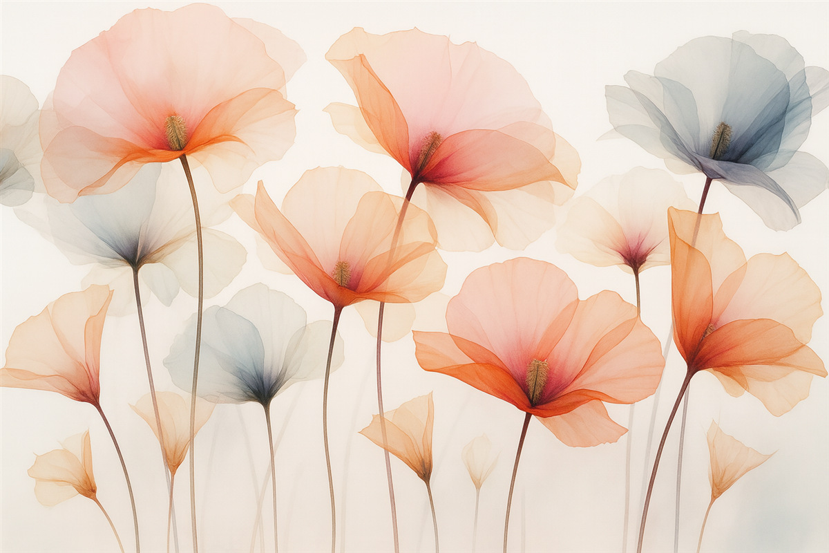 Fototapeta Przezroczyste rośliny, wilgotna akwarela, różowy, czerwony, pomarańczowy.