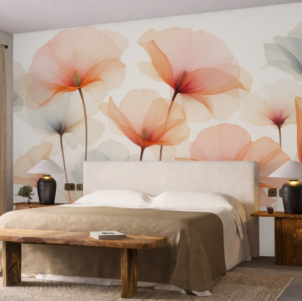 Fototapeta Przezroczyste rośliny, wilgotna akwarela, różowy, czerwony, pomarańczowy.