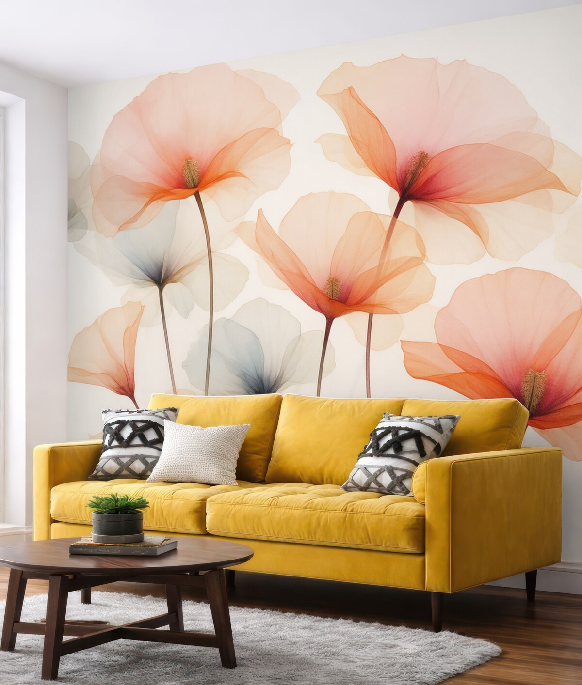 Fototapeta Przezroczyste rośliny, wilgotna akwarela, różowy, czerwony, pomarańczowy.