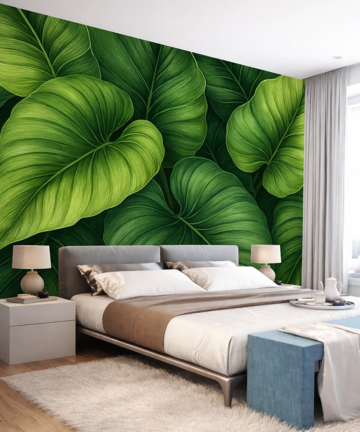 Fototapeta Wielkie tropikalne zielone liście w akwareli.