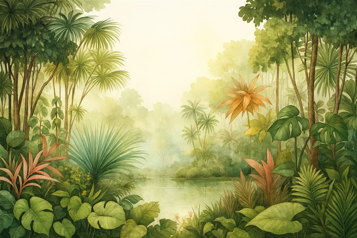 Fototapeta Las akwarelowy w dżungli, palmy, staw, zieleń.