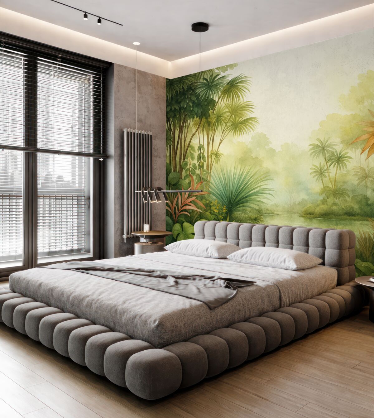 Fototapeta Las akwarelowy w dżungli, palmy, staw, zieleń.