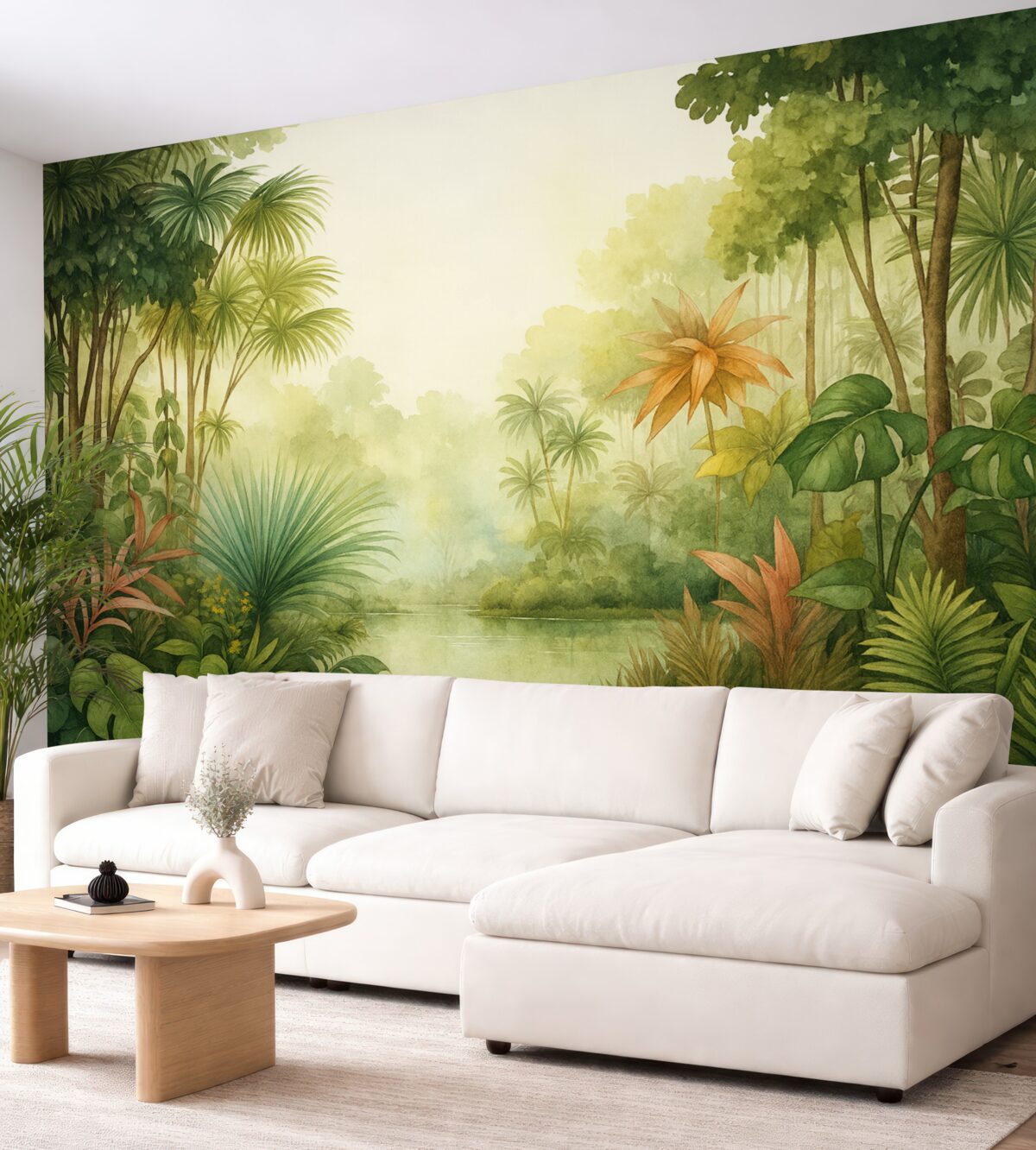 Fototapeta Las akwarelowy w dżungli, palmy, staw, zieleń.
