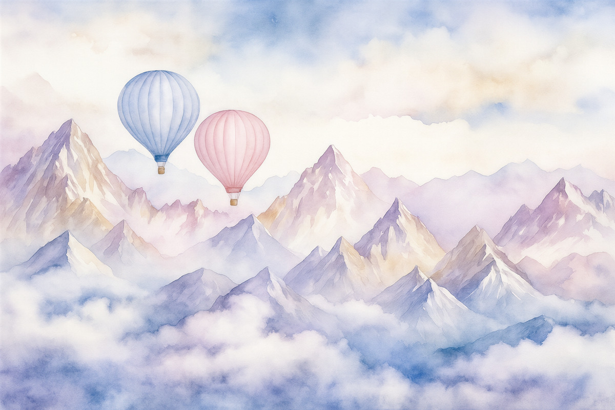 Fototapeta Akwarelowe szczyty z balonikami, delikatne.