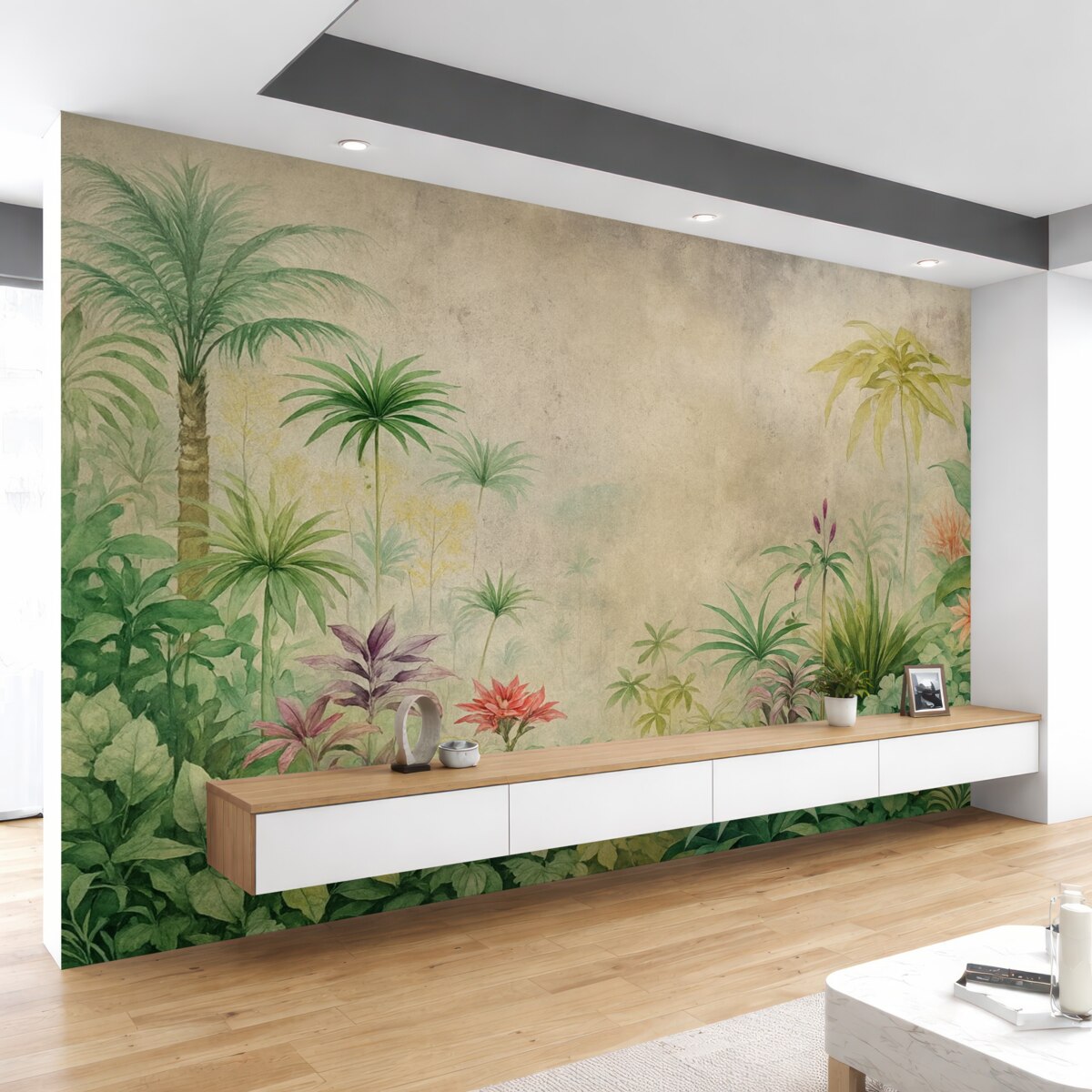 Fototapeta Las w dżungli, akwarelą, palmy, kwiaty, jasnobeżowe tło.