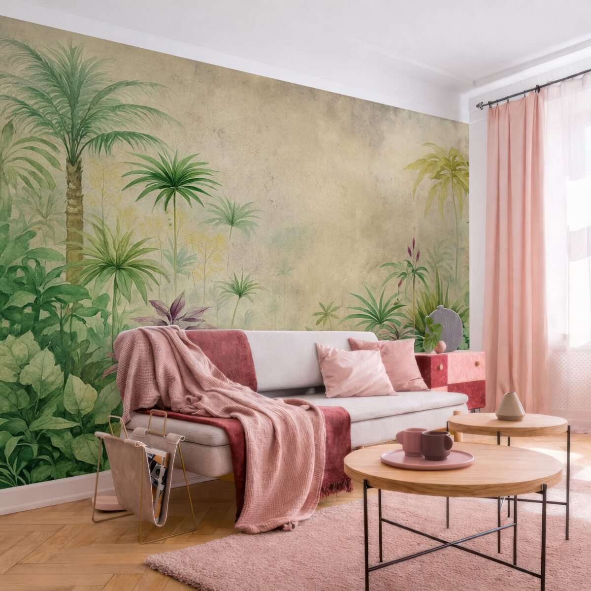 Fototapeta Las w dżungli, akwarelą, palmy, kwiaty, jasnobeżowe tło.