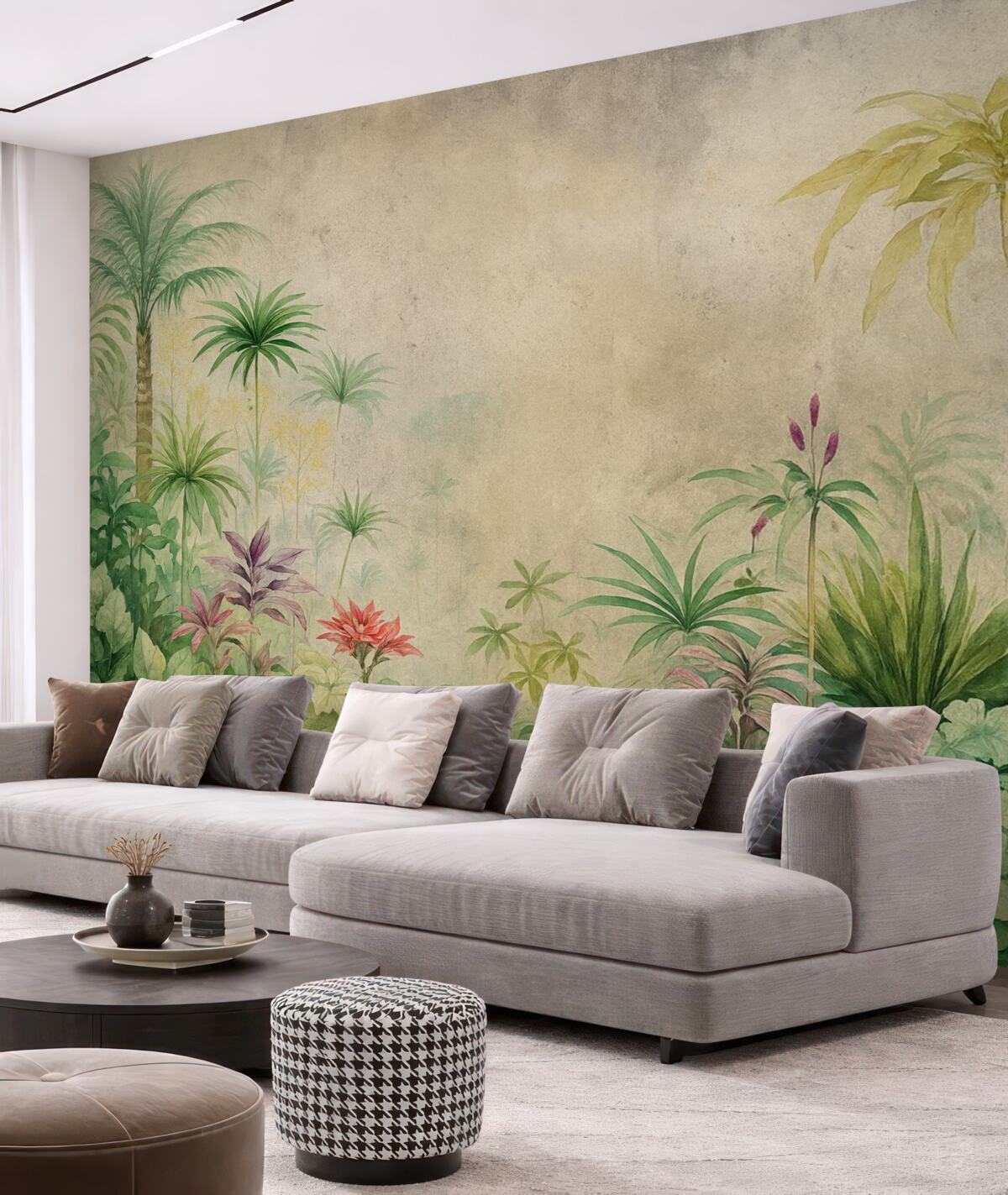 Fototapeta Las w dżungli, akwarelą, palmy, kwiaty, jasnobeżowe tło.