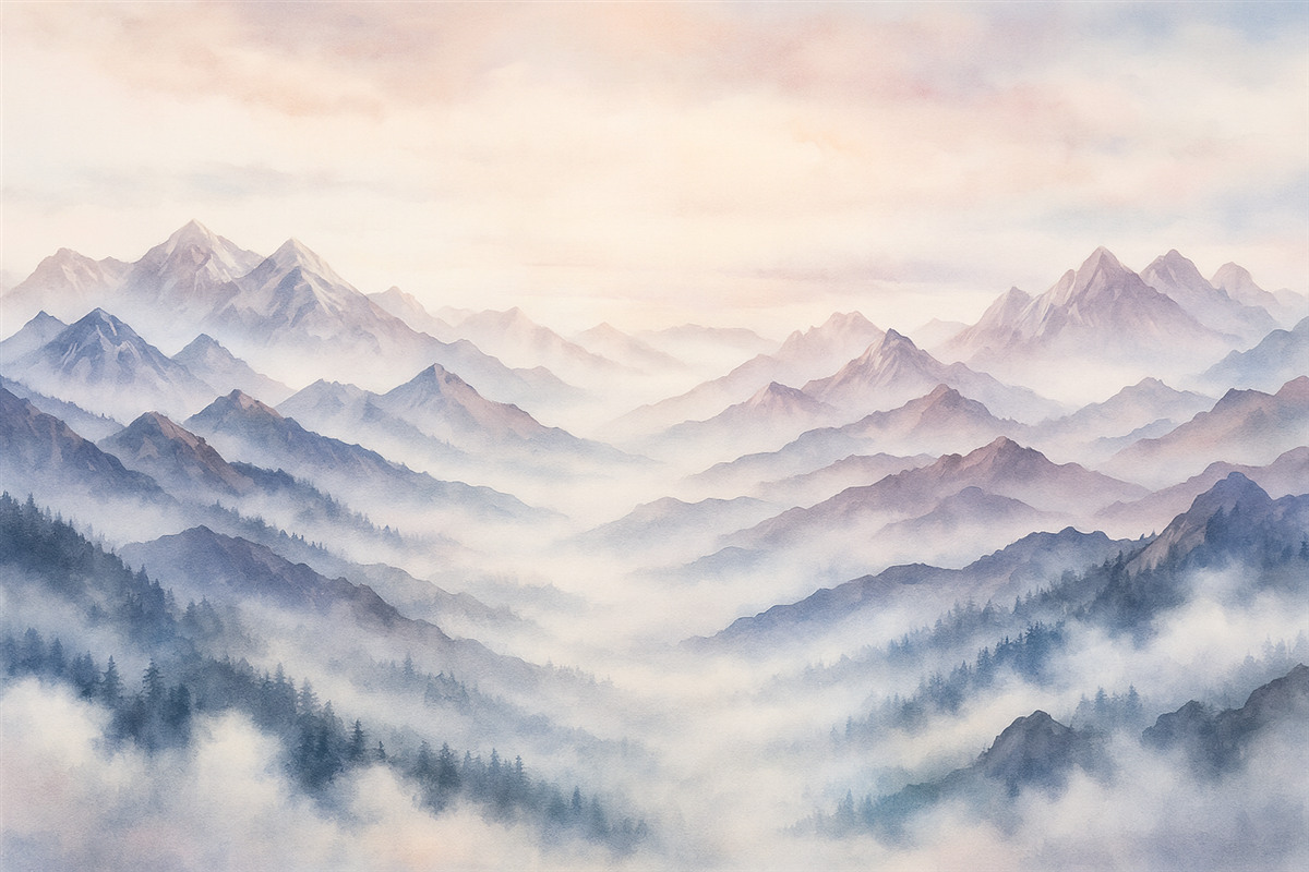 Fototapeta Eteryczny górski pejzaż, chmury, akwarela.