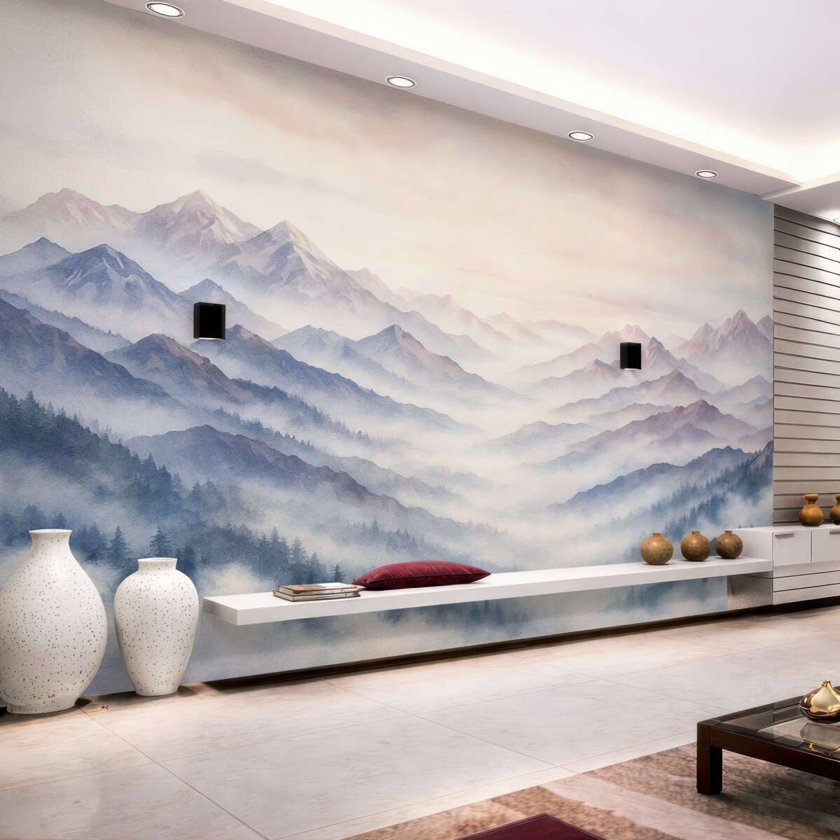 Fototapeta Eteryczny górski pejzaż, chmury, akwarela.