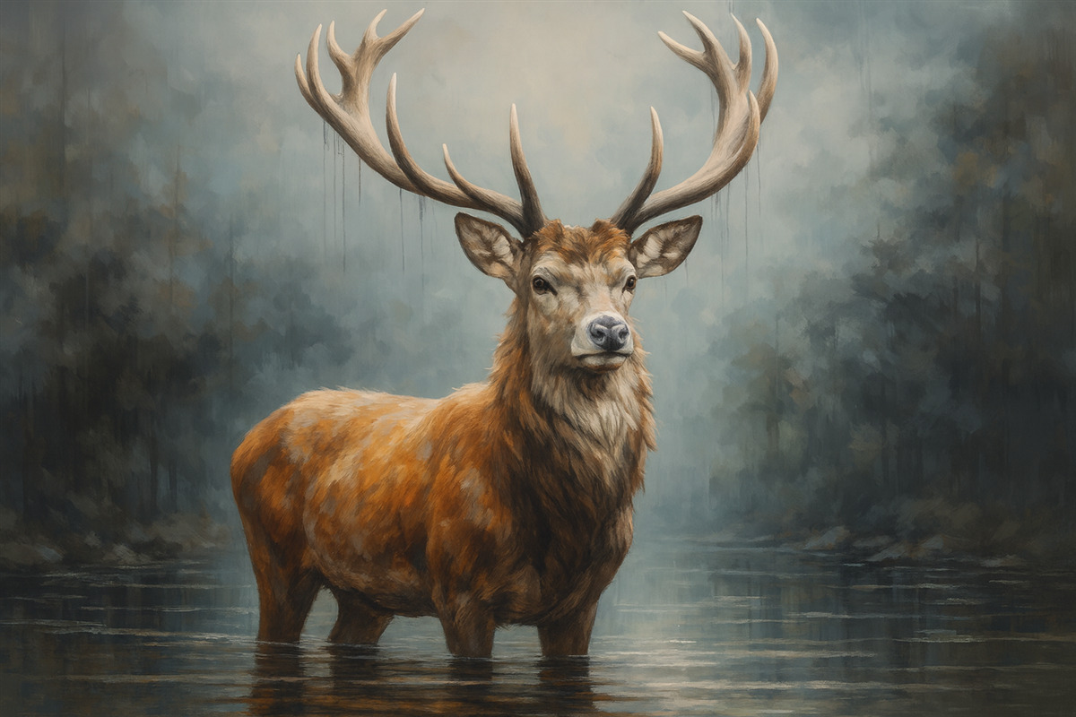 Fototapeta Wytworny jeleń w mgle.