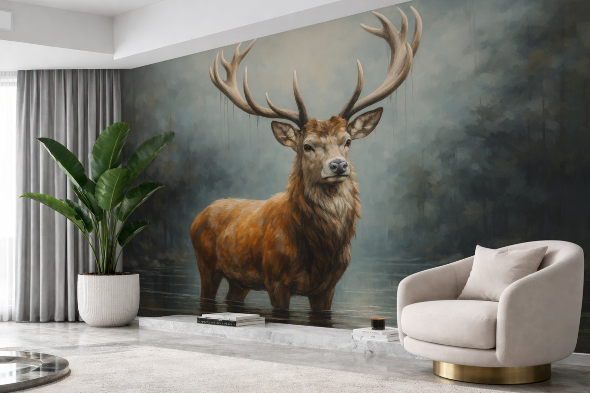 Fototapeta Wytworny jeleń w mgle.