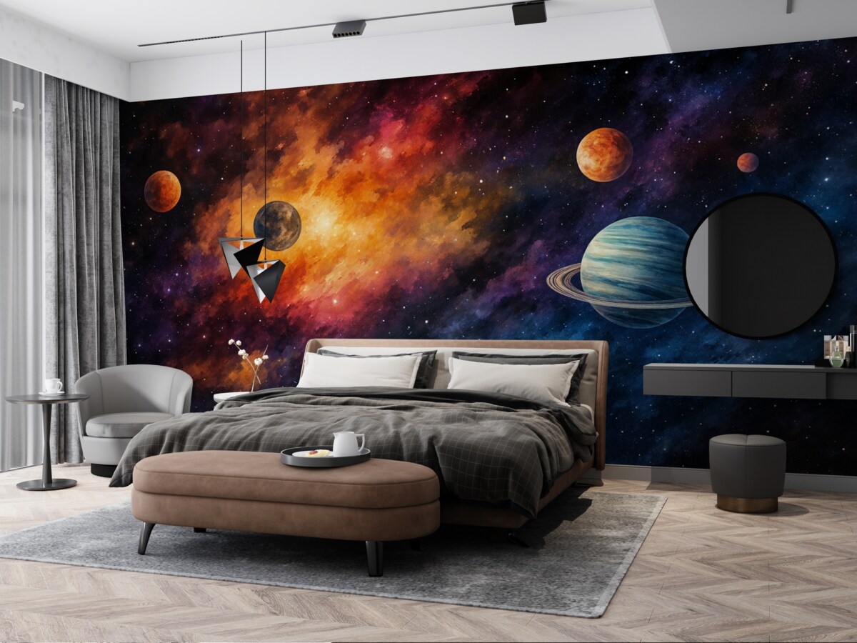 Fototapeta Wszechświat z planetami i gwiazdami, akwarela, wszechświat.