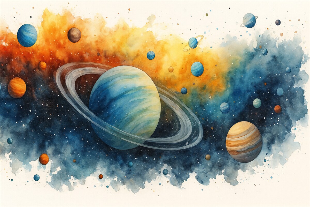 Fototapeta Kosmiczna farba wodna, ciała niebieskie, konstelacje.