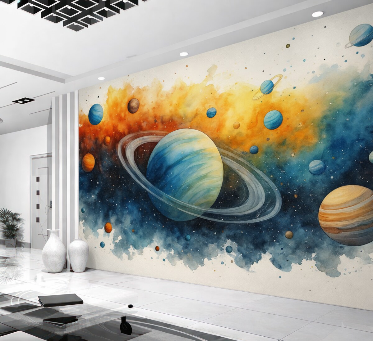 Fototapeta Kosmiczna farba wodna, ciała niebieskie, konstelacje.