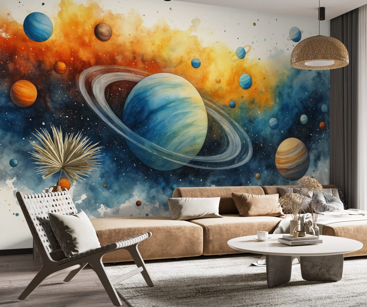 Fototapeta Kosmiczna farba wodna, ciała niebieskie, konstelacje.