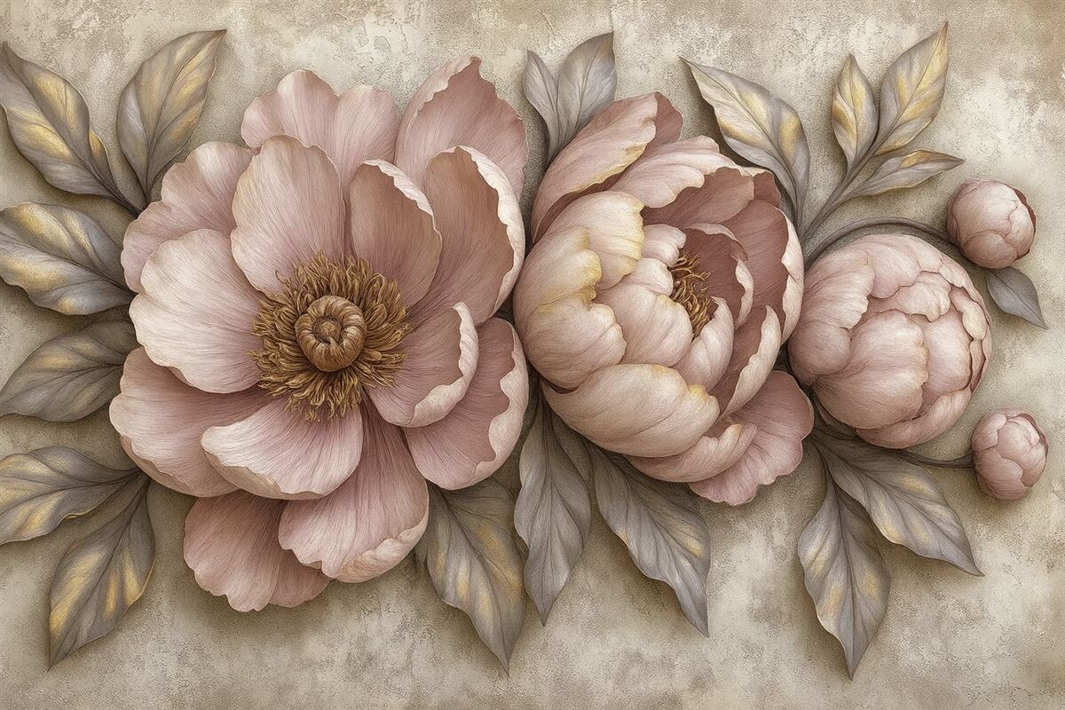 Fototapeta Fioletowe piwonie kwiatowe z liśćmi i płatkami w delikatnych pastelowych odcieniach, w stylu retro.