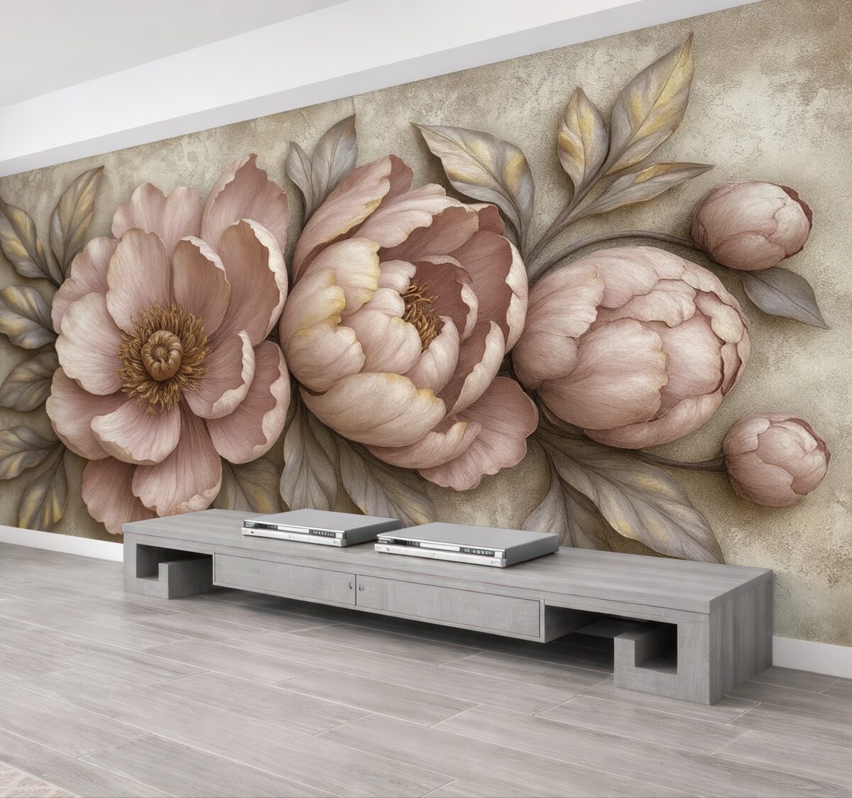 Fototapeta Fioletowe piwonie kwiatowe z liśćmi i płatkami w delikatnych pastelowych odcieniach, w stylu retro.