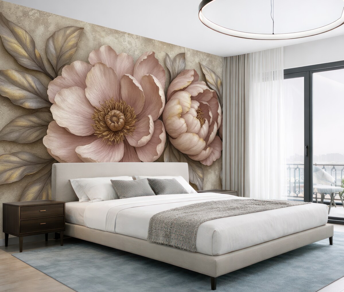 Fototapeta Fioletowe piwonie kwiatowe z liśćmi i płatkami w delikatnych pastelowych odcieniach, w stylu retro.