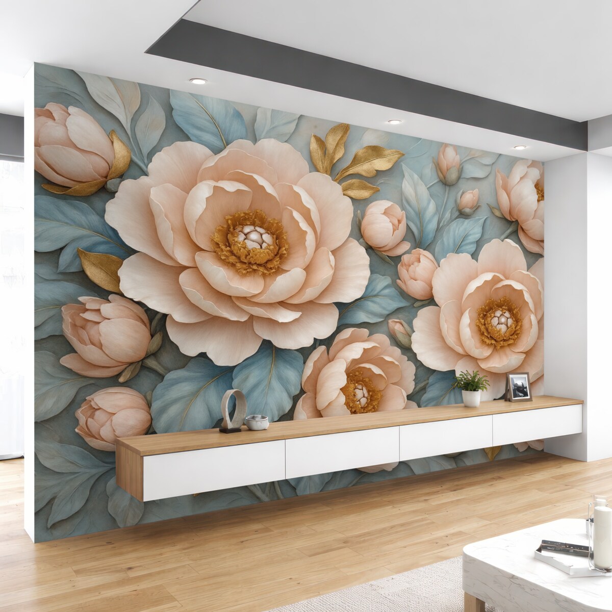 Fototapeta Luksusowe płatki i różowe piwonie w delikatnych odcieniach błękitu i różu.