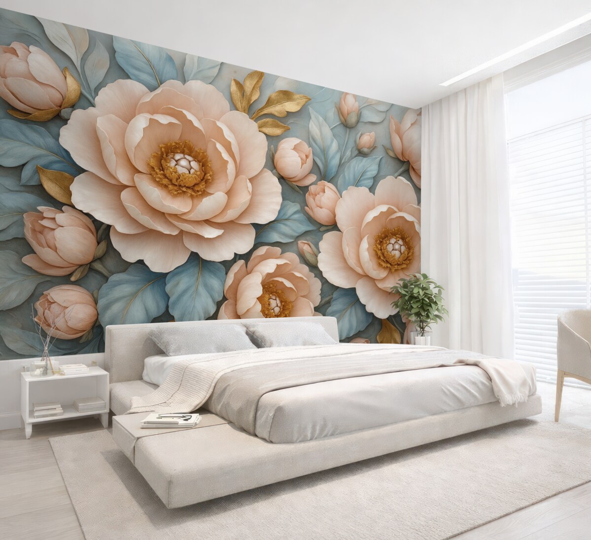 Fototapeta Luksusowe płatki i różowe piwonie w delikatnych odcieniach błękitu i różu.