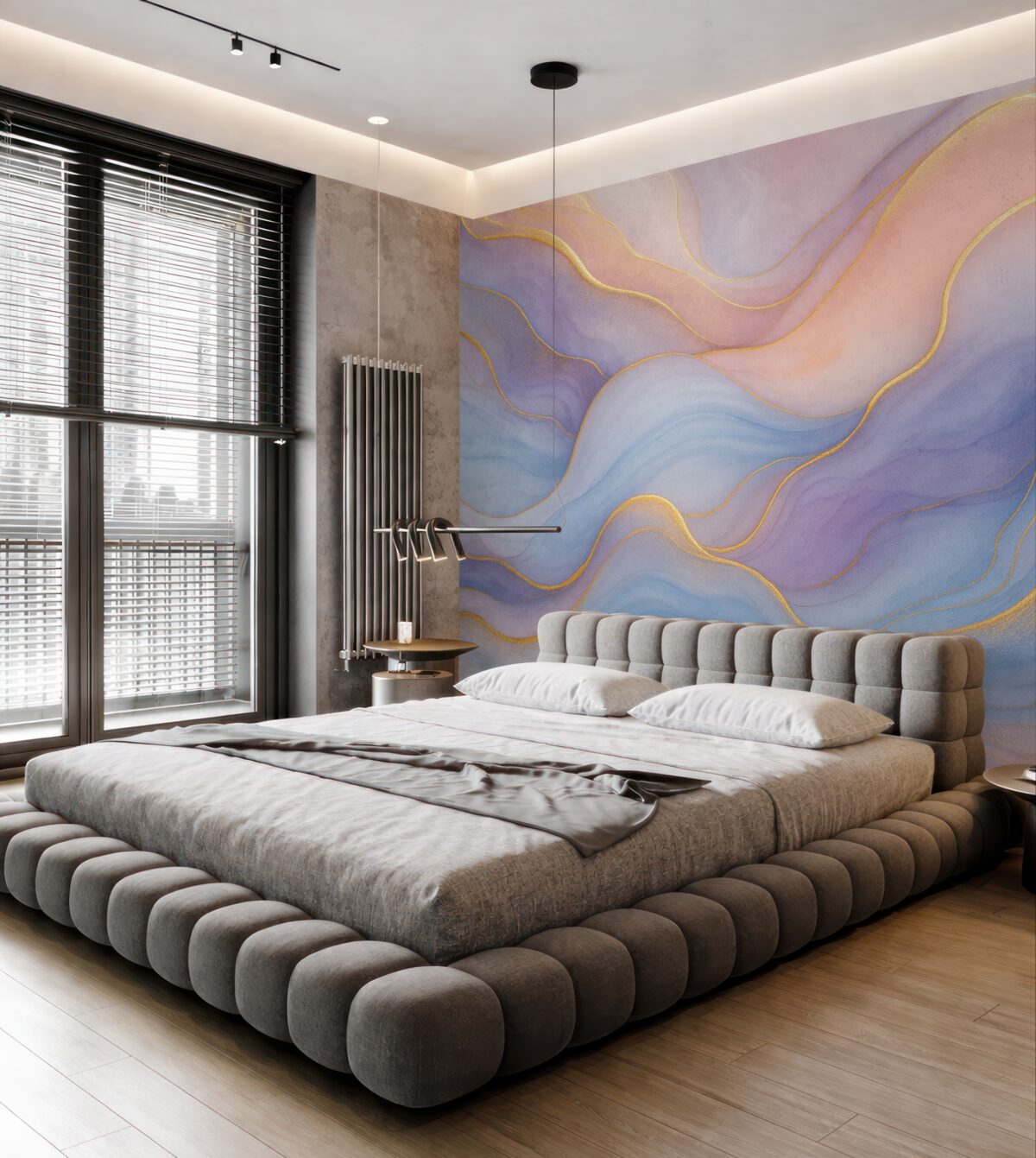 Fototapeta Abstrakcyjna kompozycja z marmurowymi motywami i subtelnymi akwarelowymi teksturami w łagodnych pastelowych odcieniach.