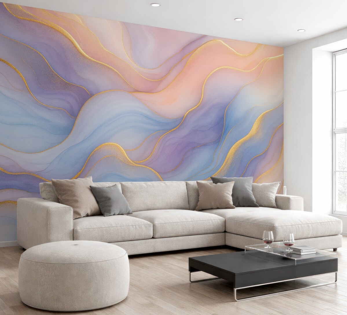 Fototapeta Abstrakcyjna kompozycja z marmurowymi motywami i subtelnymi akwarelowymi teksturami w łagodnych pastelowych odcieniach.