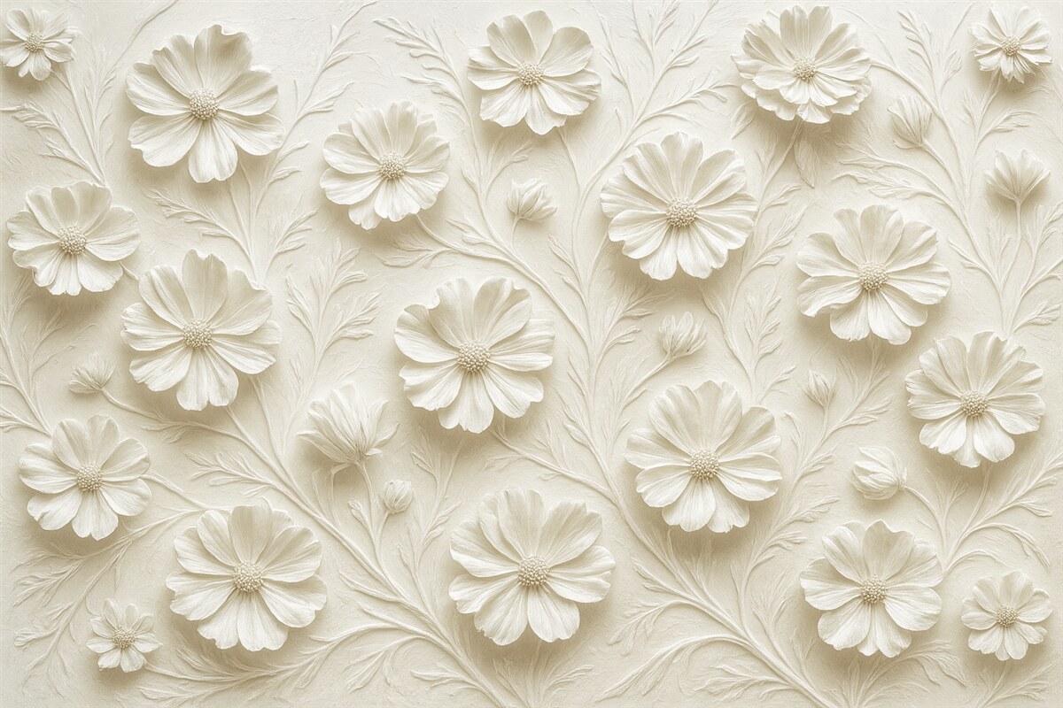 Fototapeta Biała kompozycja reliefowa kwiatów w minimalistycznym i eleganckim stylu.