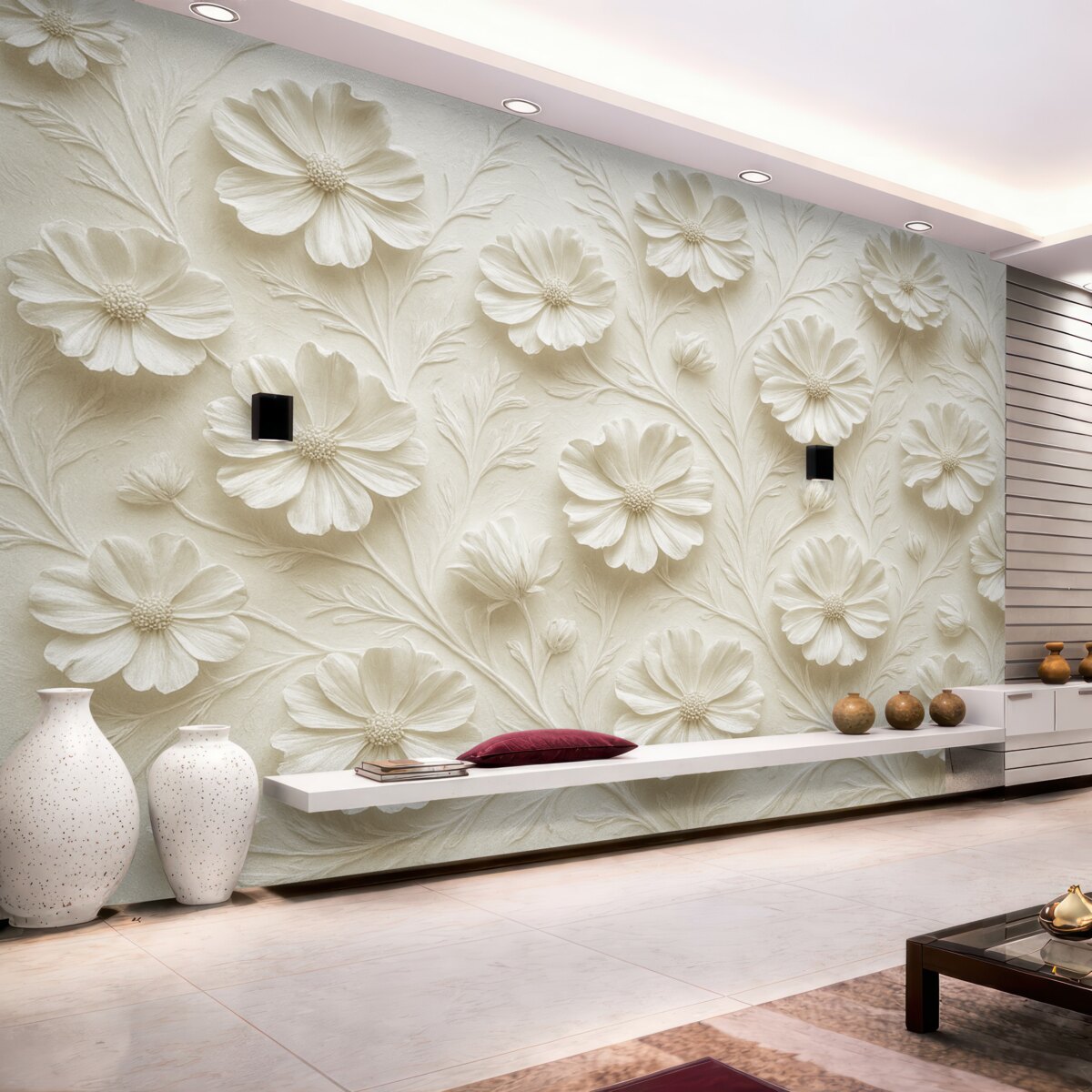 Fototapeta Biała kompozycja reliefowa kwiatów w minimalistycznym i eleganckim stylu.