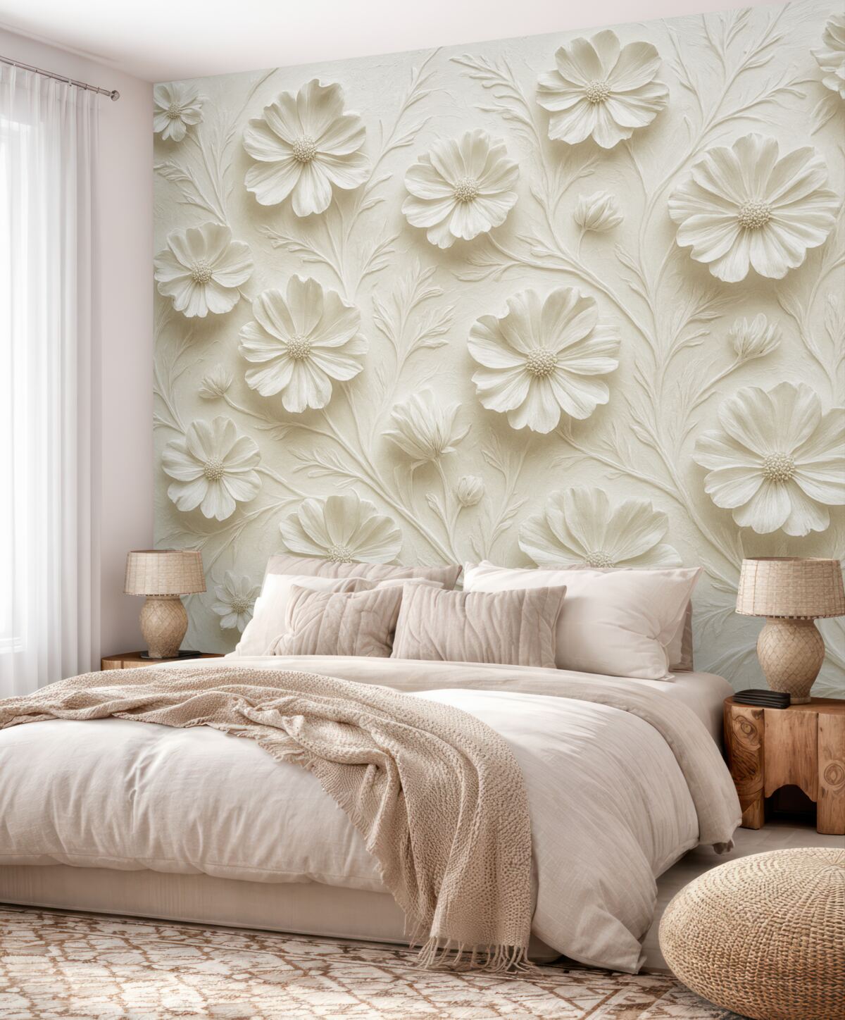 Fototapeta Biała kompozycja reliefowa kwiatów w minimalistycznym i eleganckim stylu.