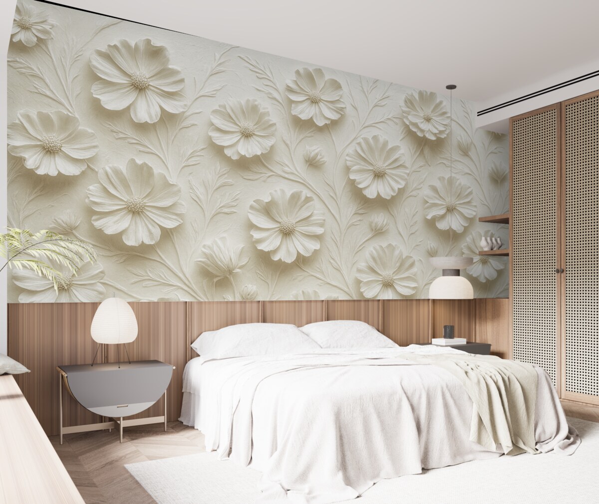 Fototapeta Biała kompozycja reliefowa kwiatów w minimalistycznym i eleganckim stylu.