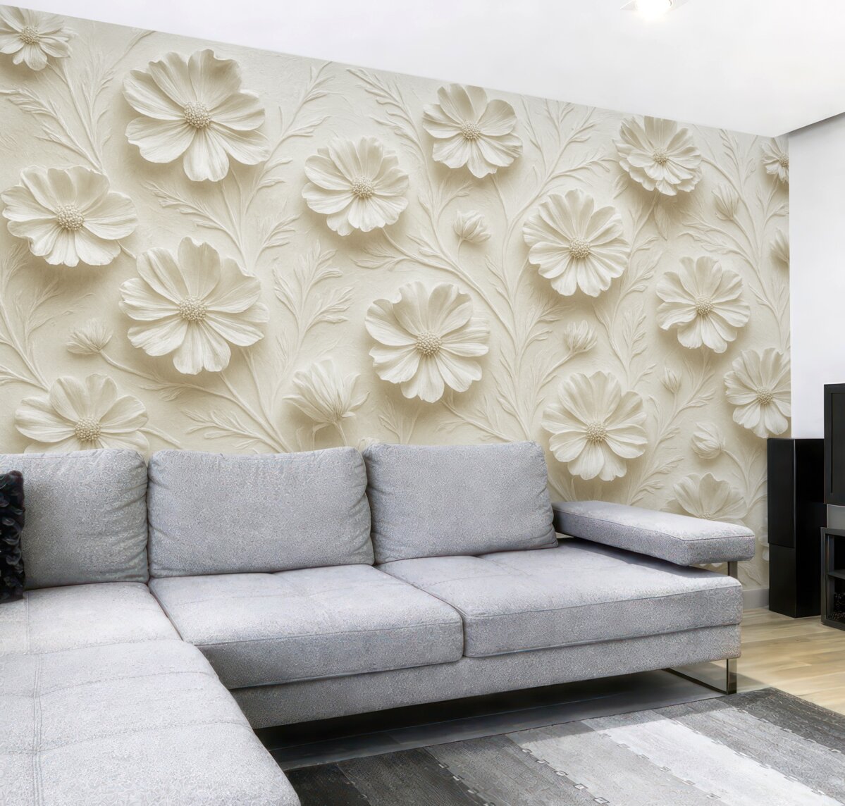 Fototapeta Biała kompozycja reliefowa kwiatów w minimalistycznym i eleganckim stylu.