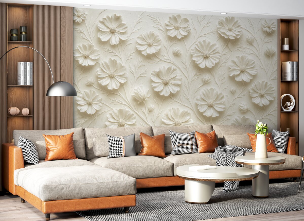 Fototapeta Biała kompozycja reliefowa kwiatów w minimalistycznym i eleganckim stylu.