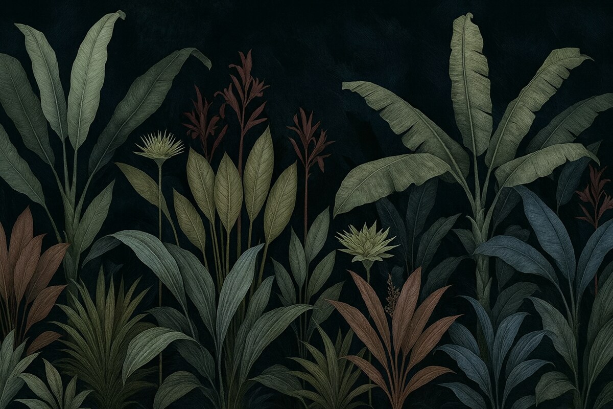 Fototapeta Tropikalne kwiaty i liście na ciemnym tle.