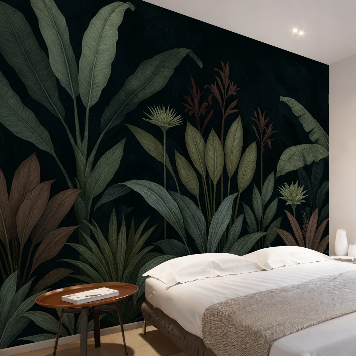 Fototapeta Tropikalne kwiaty i liście na ciemnym tle.