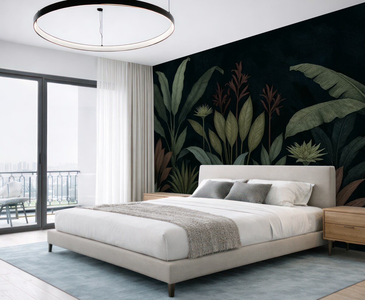 Fototapeta Tropikalne kwiaty i liście na ciemnym tle.