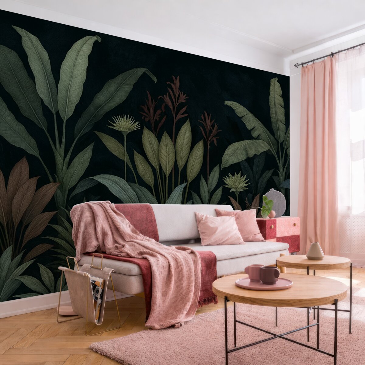 Fototapeta Tropikalne kwiaty i liście na ciemnym tle.