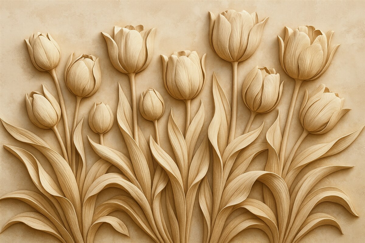 Fototapeta Kwiatowa ilustracja z zachwycającymi tulipanami w beżowej gamie kolorystycznej.