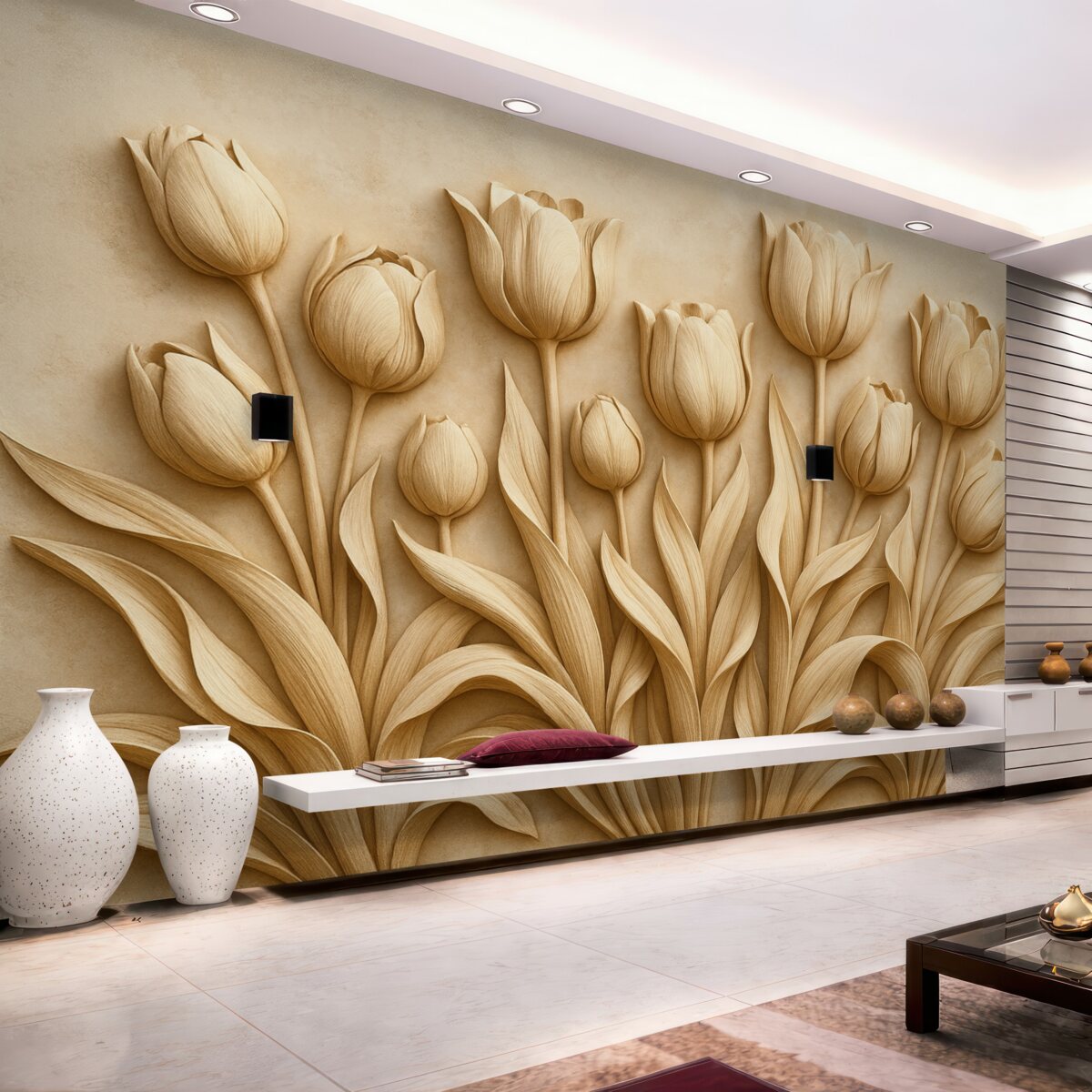 Fototapeta Kwiatowa ilustracja z zachwycającymi tulipanami w beżowej gamie kolorystycznej.