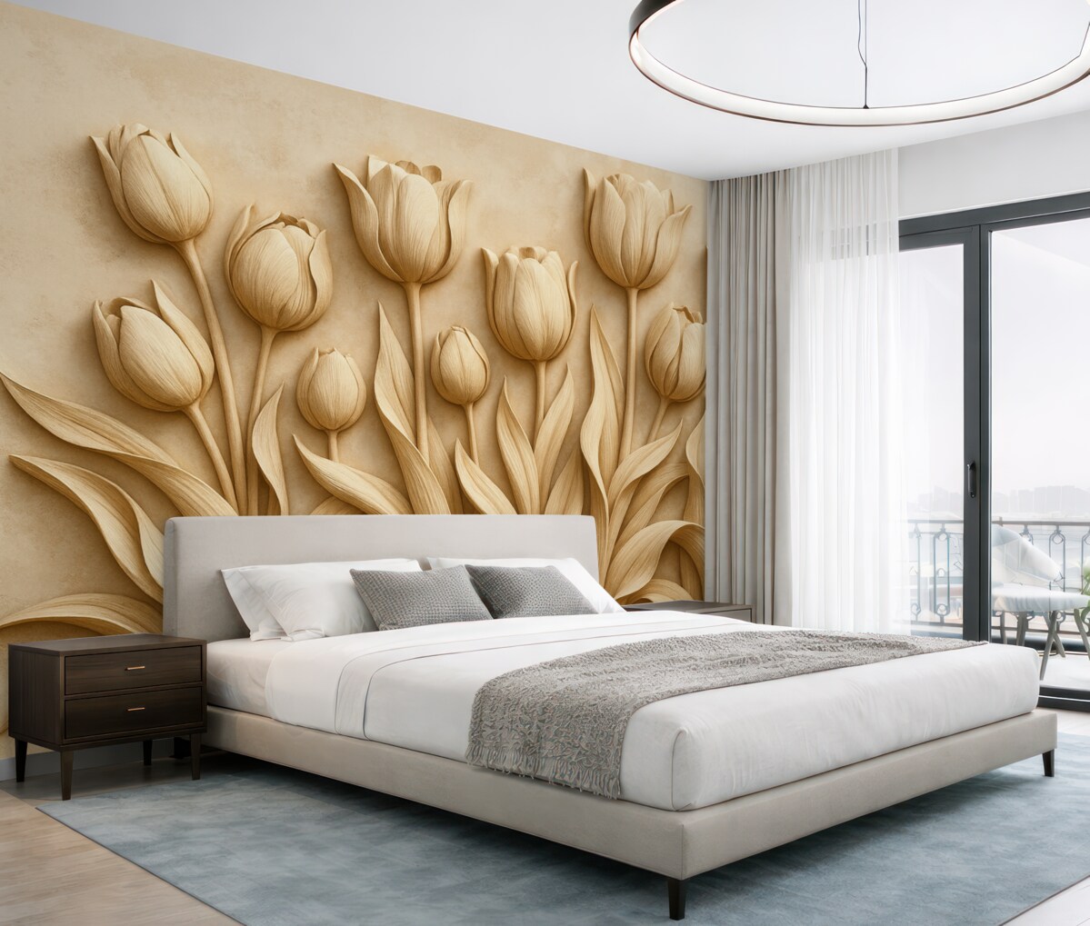 Fototapeta Kwiatowa ilustracja z zachwycającymi tulipanami w beżowej gamie kolorystycznej.