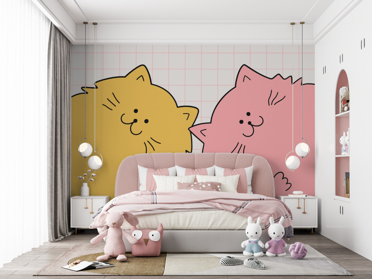 Fototapeta Rysunek linii kociąt, kolor żółty i różowy.