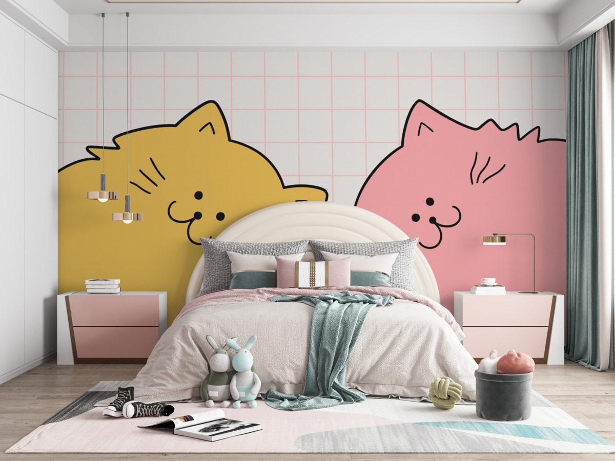 Fototapeta Rysunek linii kociąt, kolor żółty i różowy.