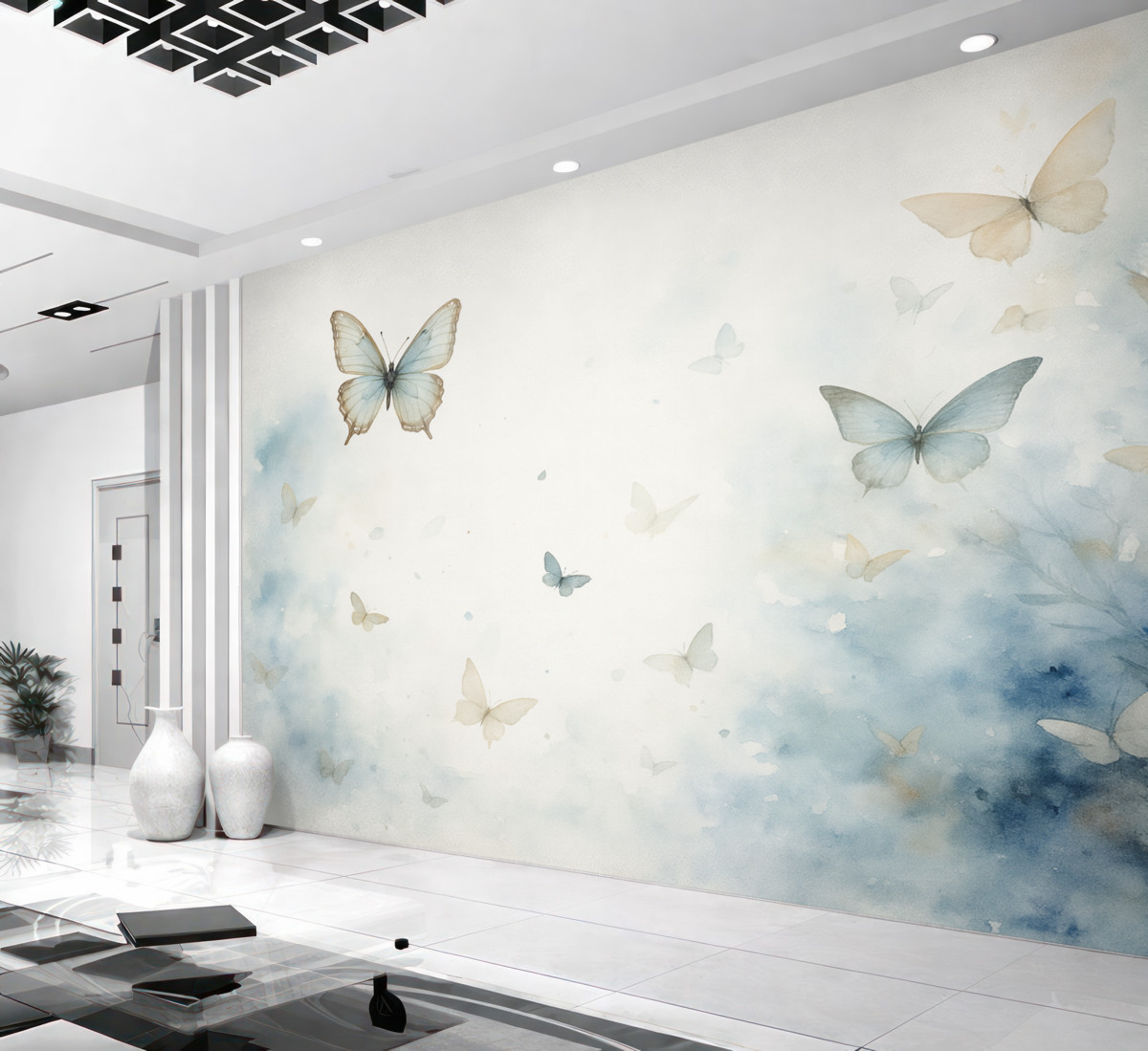 Fototapeta Motyle na tle błękitnych plam wilgotna akwarela.