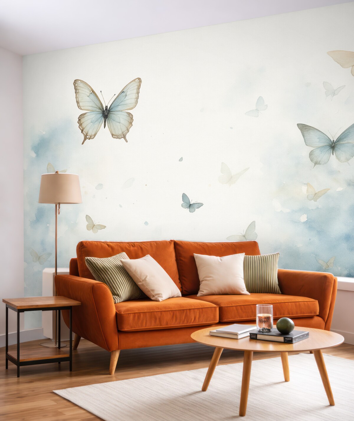 Fototapeta Motyle na tle błękitnych plam wilgotna akwarela.