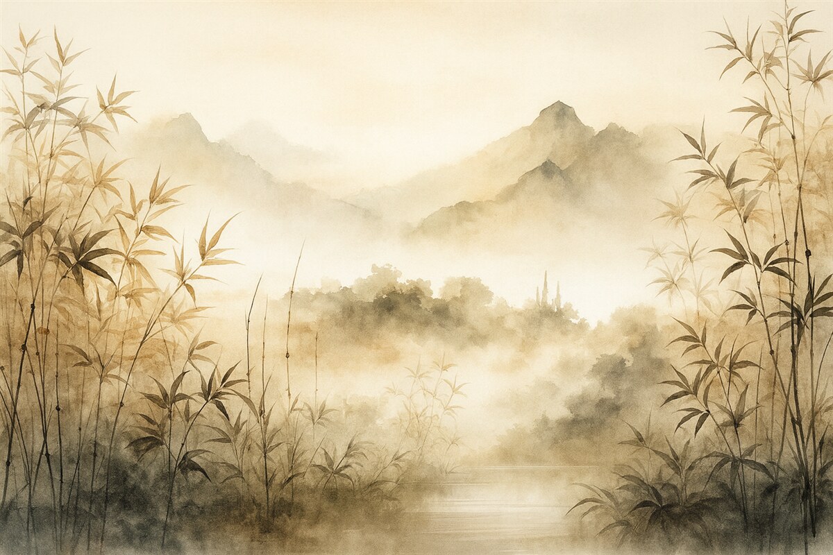 Fototapeta Bambus nad stawem z górami w mgle w tle wilgotna akwarela.